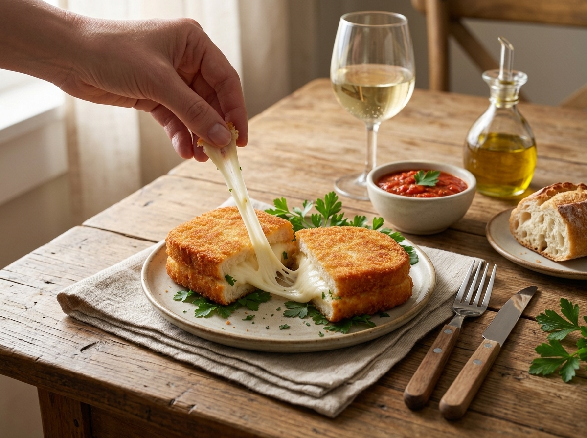 Hand pulling a cheese-stretched half of fried mozzarella sandwich at a table set with linen napkin and a glass of wine