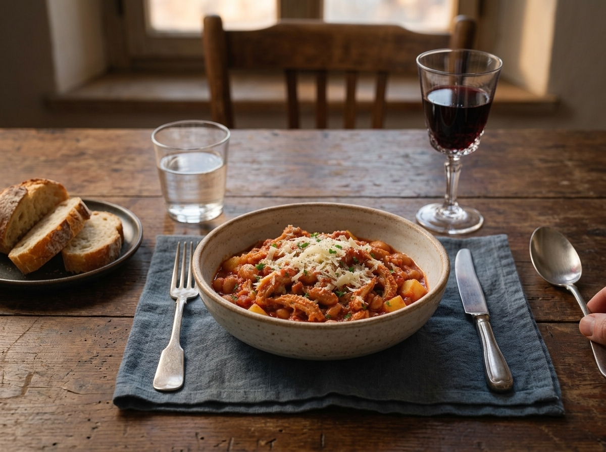 A table set with a steaming bowl of tripe stew, crusty bread on a board, and a glass of red wine beside a linen napkin