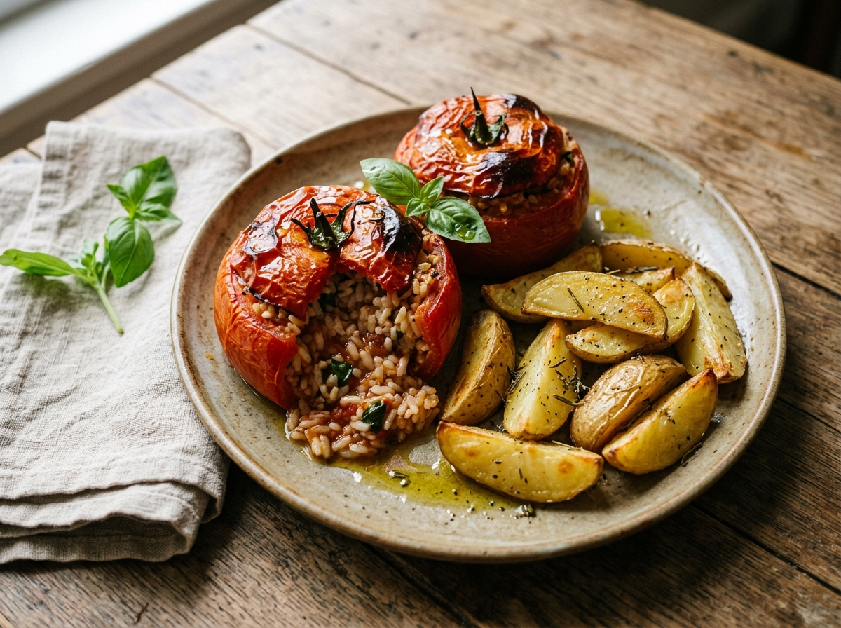 Overhead view of rice-stuffed tomatoes with roasted potato wedges on a ceramic plate, basil garnish and olive oil sheen