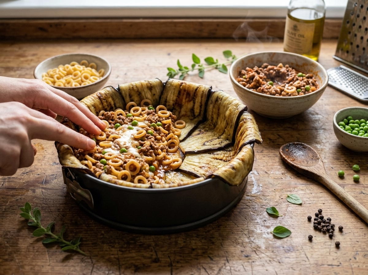 Hands pressing anelletti pasta and ragu mixture into an eggplant-lined springform pan before baking