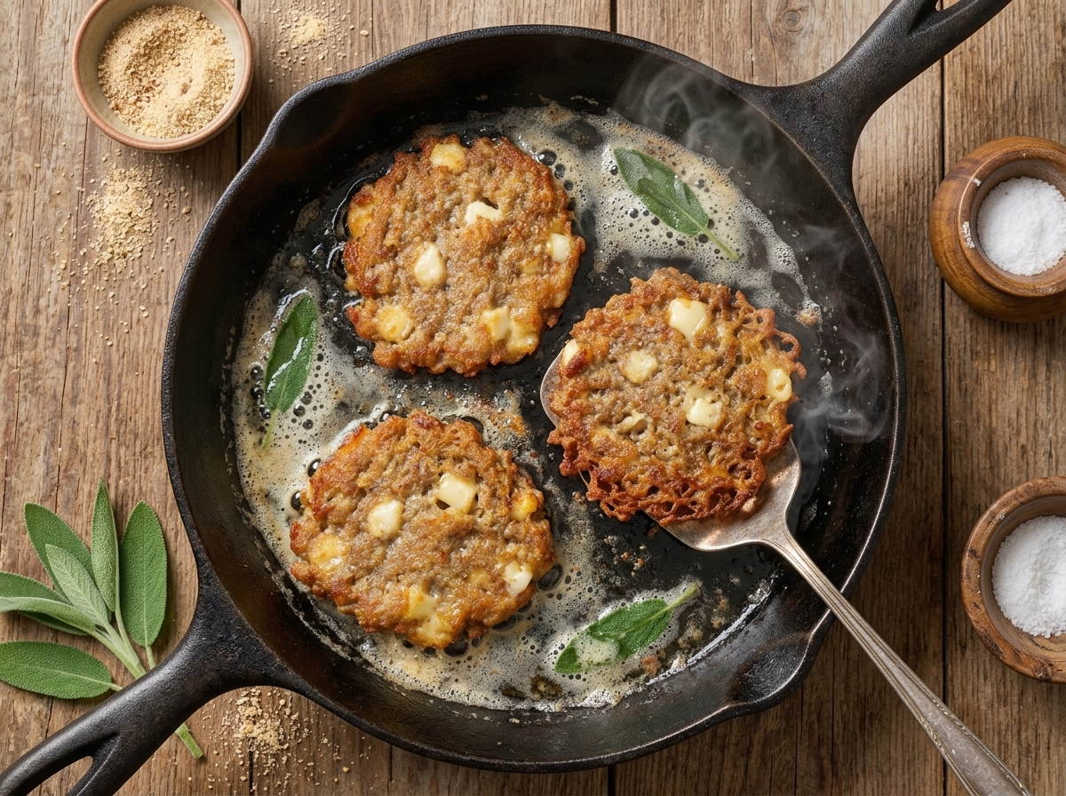 Buckwheat batter and cheese cubes sizzling in butter in a cast-iron skillet, edges turning lacy and brown