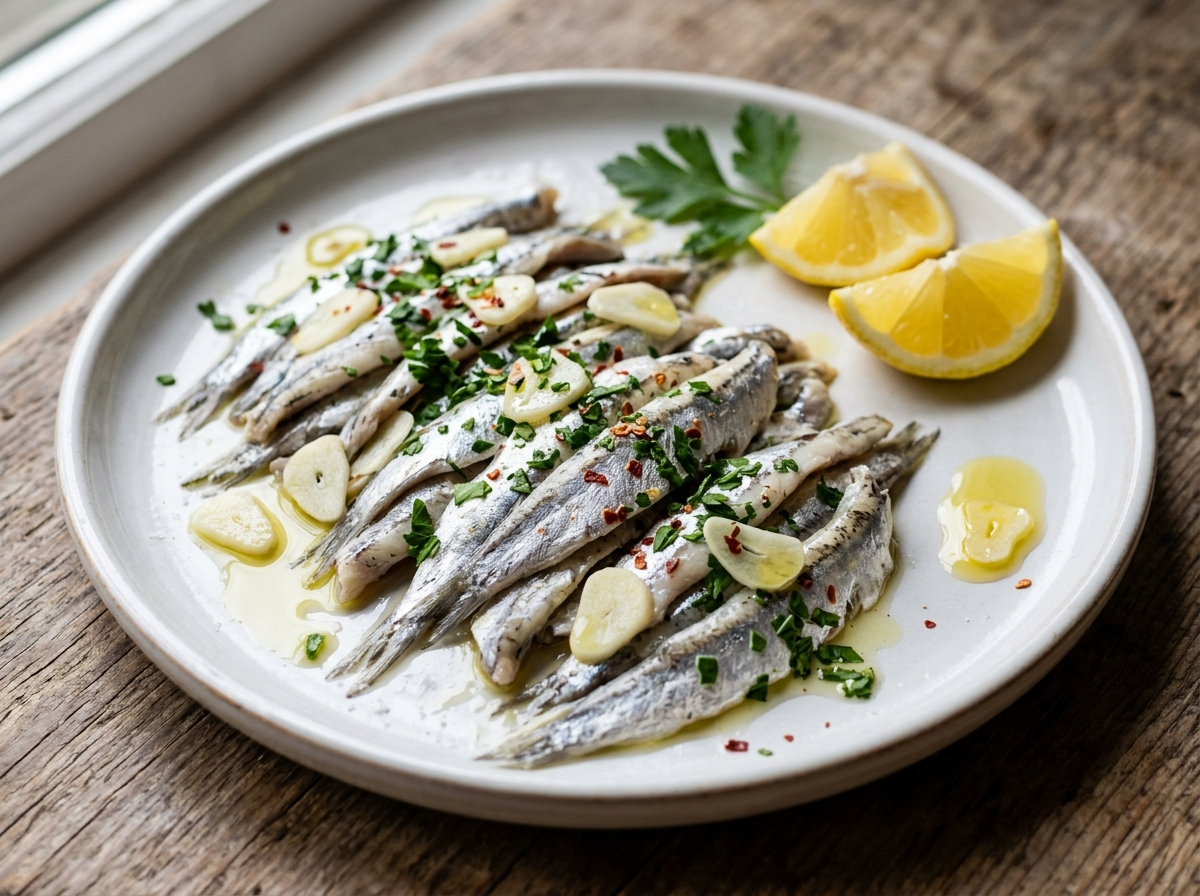 Plate of alici marinate with silvery anchovy fillets in olive oil, parsley, garlic, and lemon wedges on a wooden table