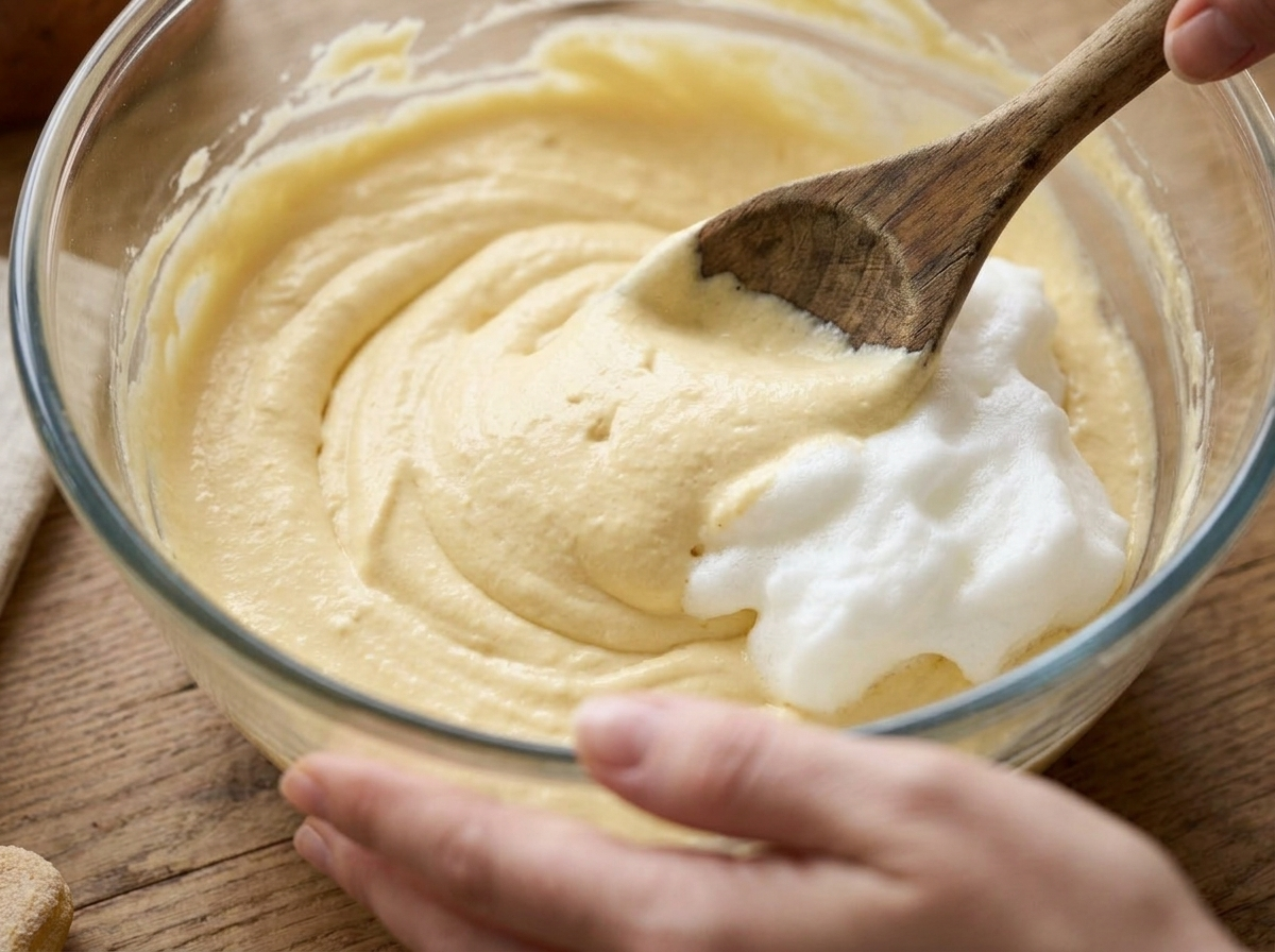 Folding whipped egg whites into mascarpone cream for tiramisu classico with dipped ladyfingers on the counter