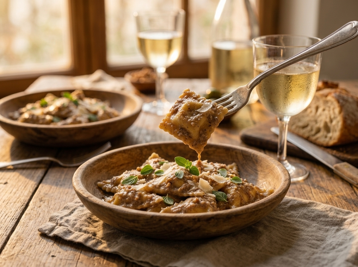 Two linen-set bowls of walnut-sauced ravioli pockets, a glass of white wine, hands reaching in with a fork.