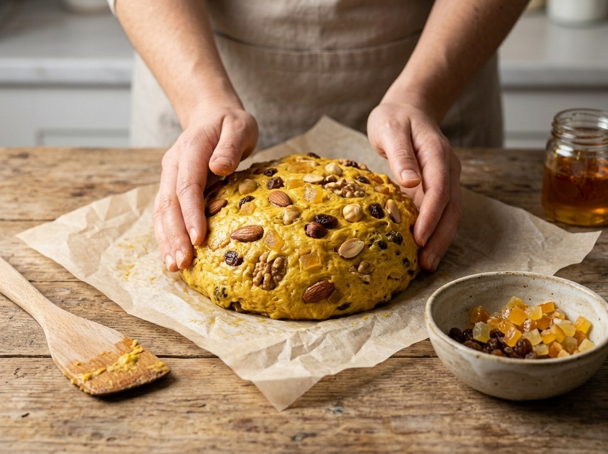 Hands shaping sticky pangiallo romano dough into a dome on parchment paper before applying the saffron glaze