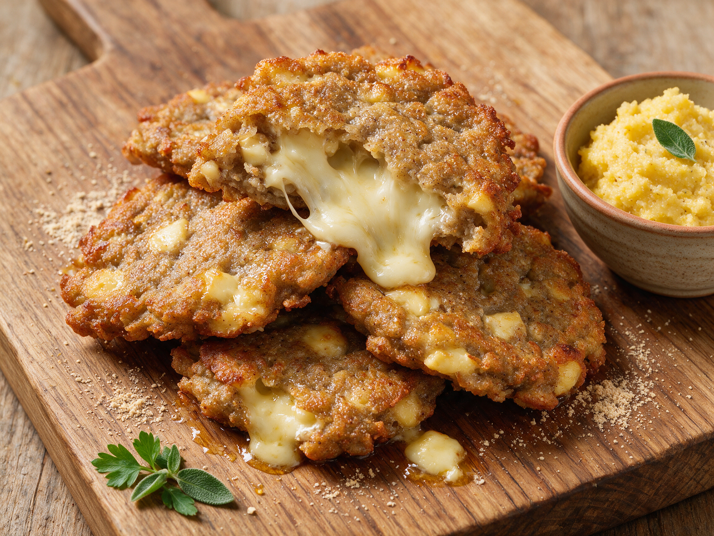 Golden Chisciöi di Tirano fritters stacked on a wooden board with melted cheese visible at the torn edges