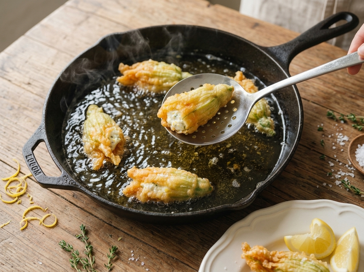 Batter-dipped zucchini blossoms sizzling in a skillet of hot oil, bubbles forming around the golden edges.
