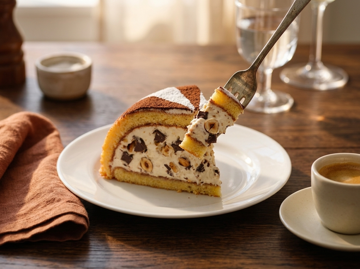 A single wedge of zuccotto fiorentino on a white plate beside an espresso cup and linen napkin on a sunlit wooden table