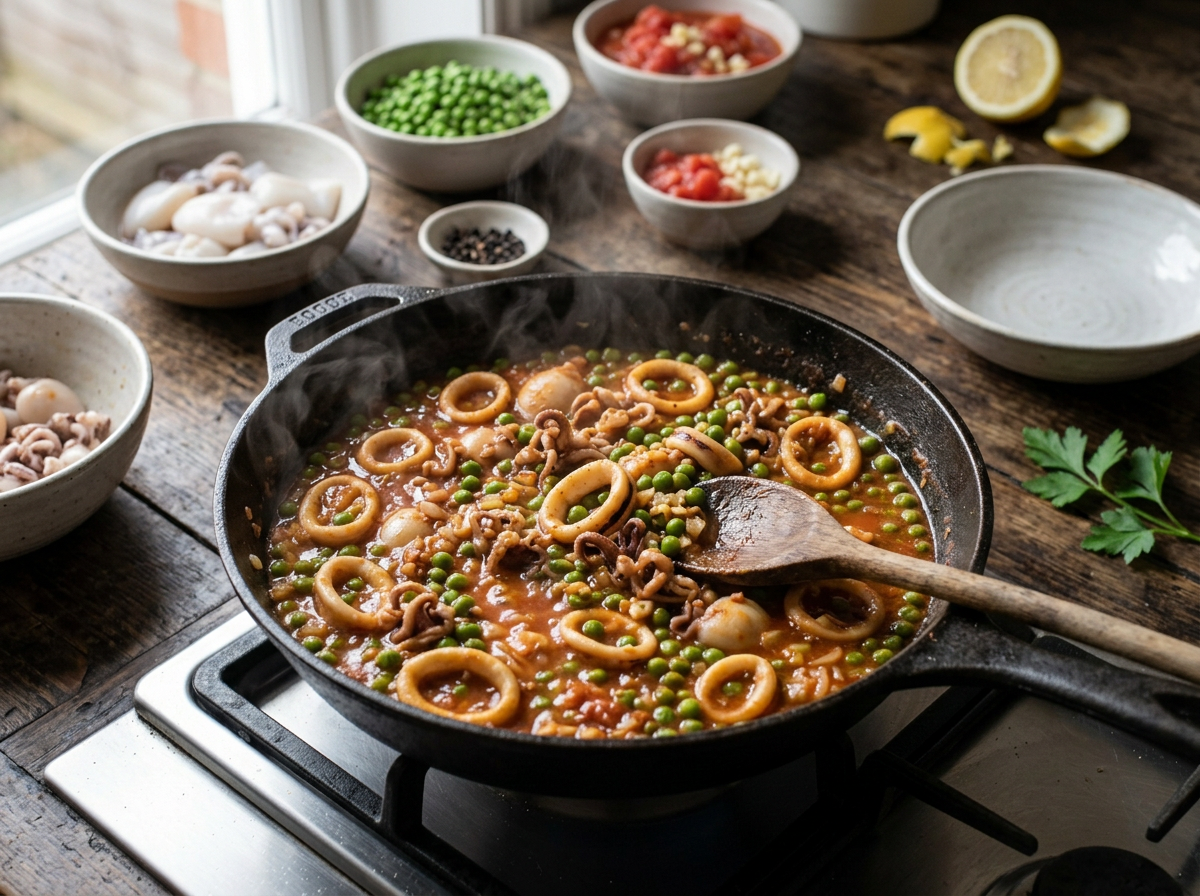 Cuttlefish and peas simmering in tomato sauce in a skillet, wooden spoon stirring the braise on the stovetop