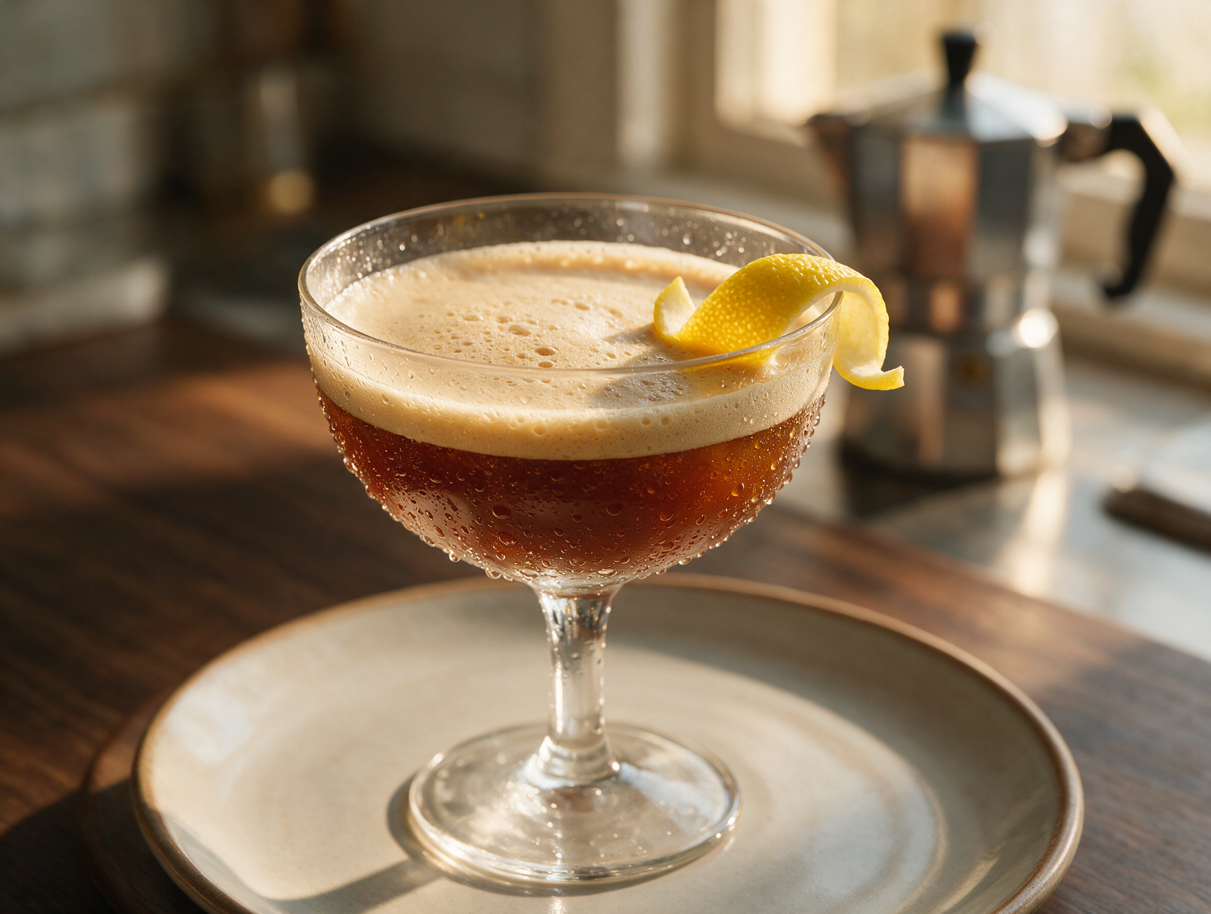 Chilled coupe glass of caffe shakerato with pale foam cap and lemon twist on a dark wood counter in warm light