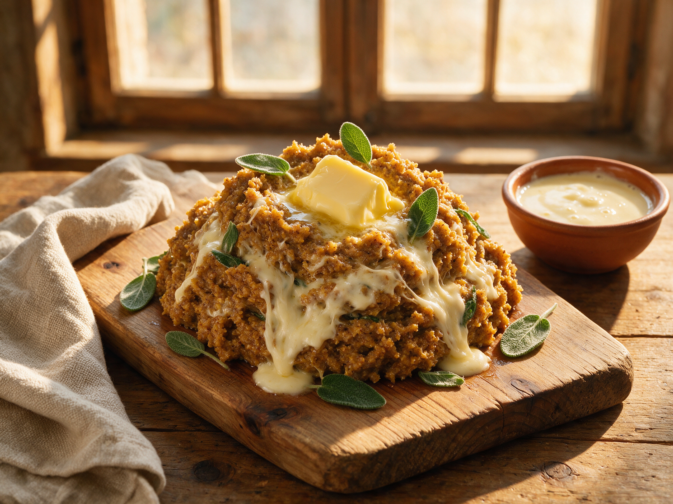 Dark buckwheat polenta taragna mounded on a wooden board with melted cheese strands and a pat of butter on top