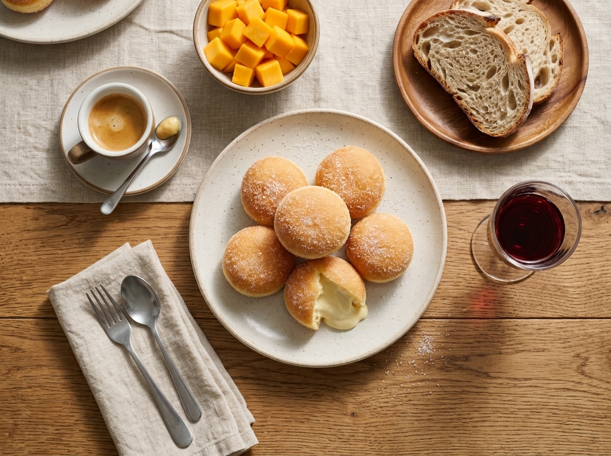 Plate of sugar-dusted bomboloni alla crema beside a small espresso cup on a marble counter in soft morning light