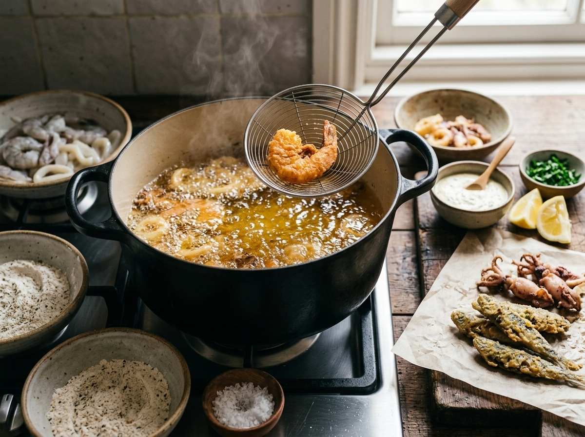 Shrimp and squid rings frying in bubbling oil in a deep pot, turning golden and crisp