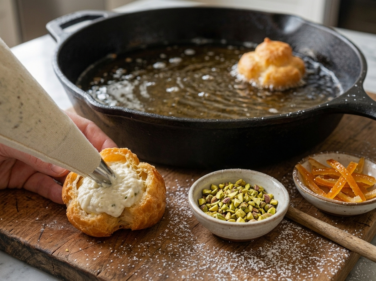 Piping sweetened ricotta filling into a split fried choux puff on a wooden board, pistachios scattered nearby.