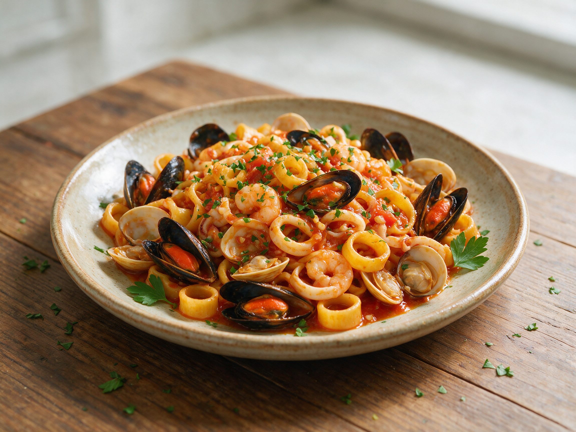 Calamarata pasta rings tossed with mussels, clams, shrimp and calamari in a golden tomato broth, parsley on top.