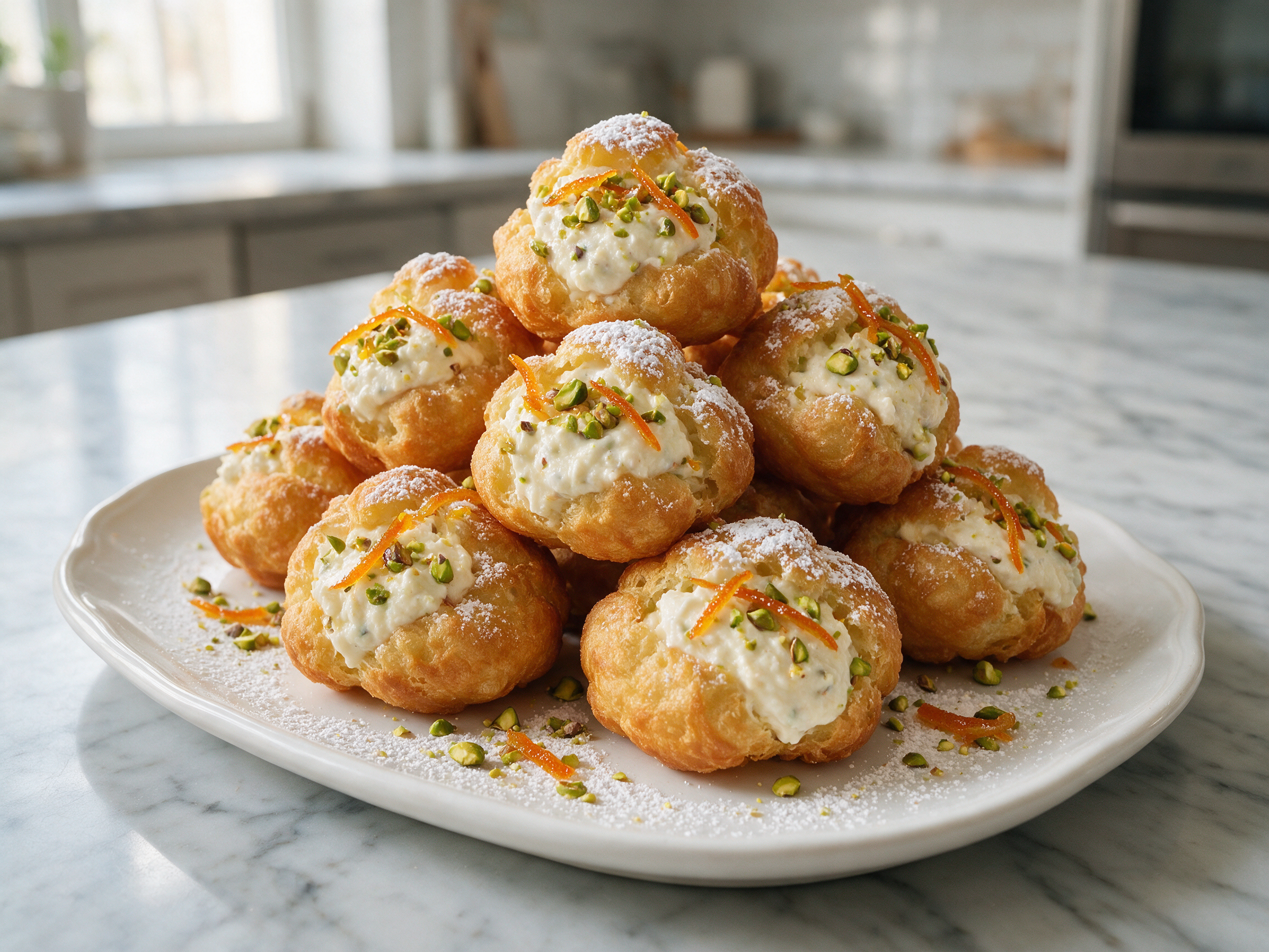 Golden fried sfinci di San Giuseppe on a white plate with piped ricotta and candied orange peel on top.