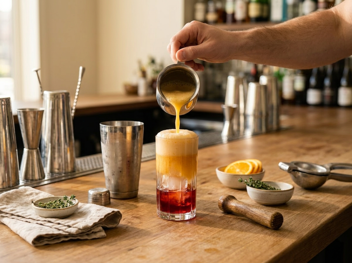 Frothed orange juice being poured over Campari and ice, foam forming on top of the highball glass