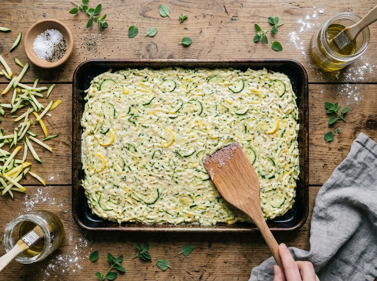 Hands spreading thin zucchini batter across an oiled sheet pan before baking scarpaccia di zucchine