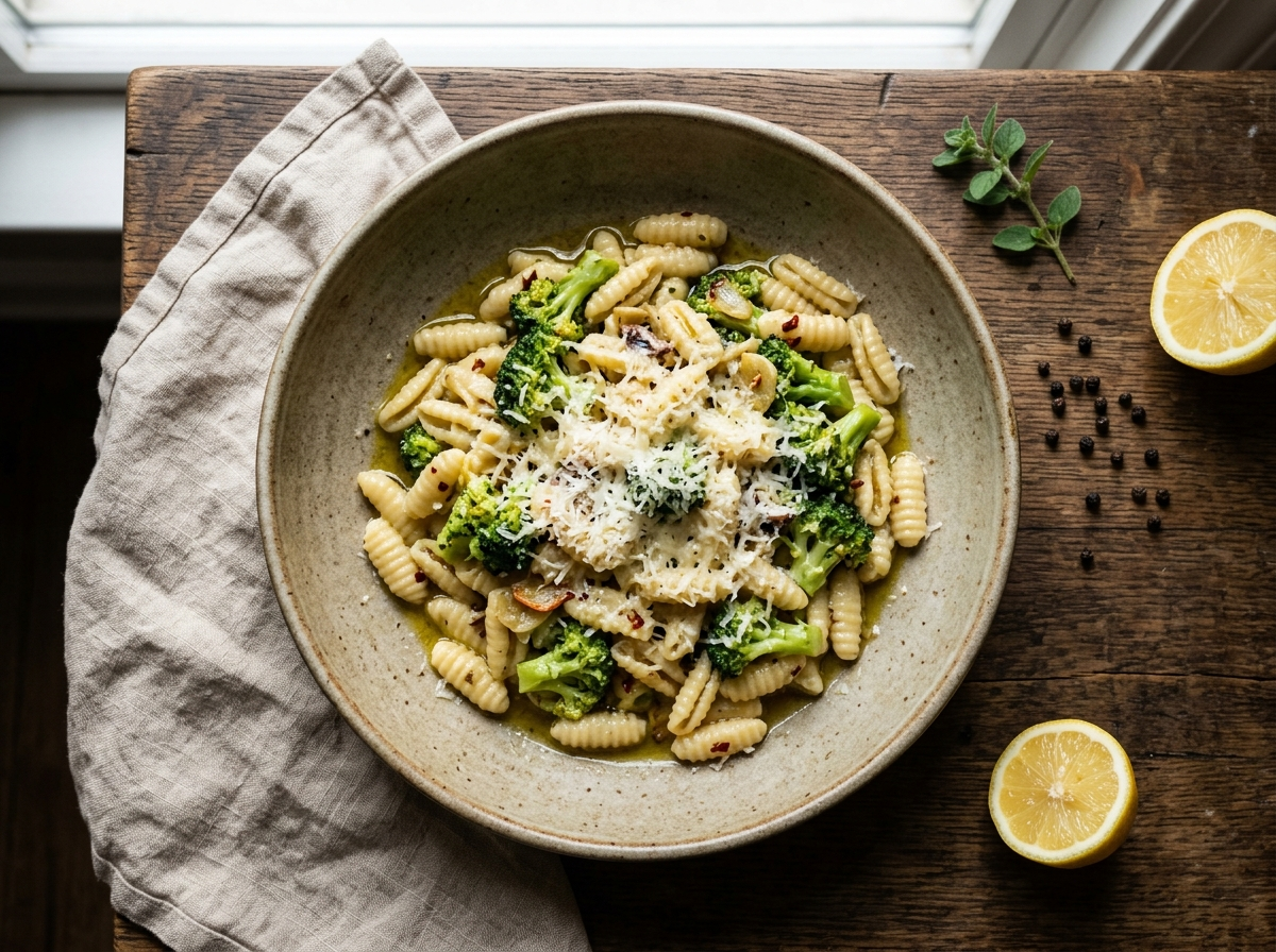 Bowl of cavatelli con broccoli topped with grated pecorino and garlic, olive oil glistening on wooden table