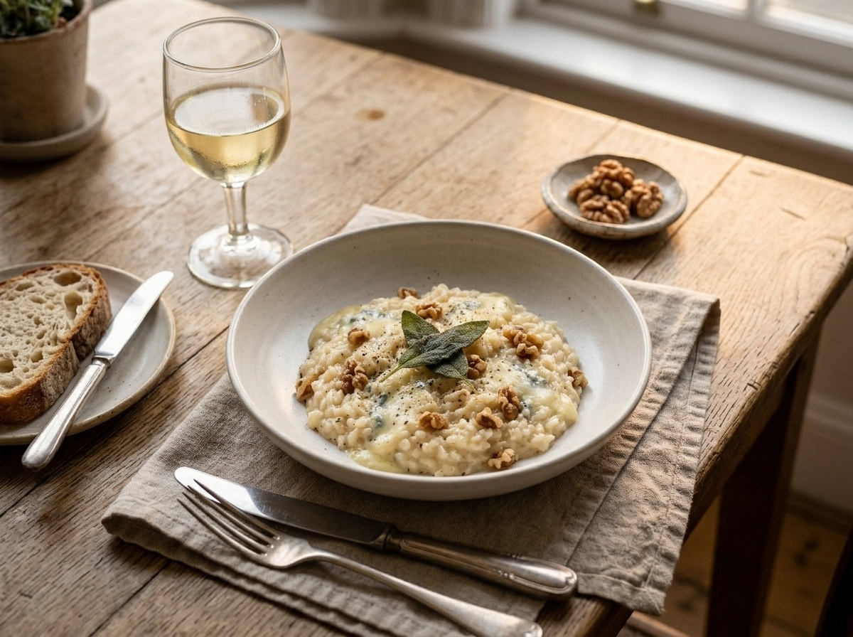 Plated gorgonzola risotto with walnuts and sage next to a glass of white wine on a linen-covered table