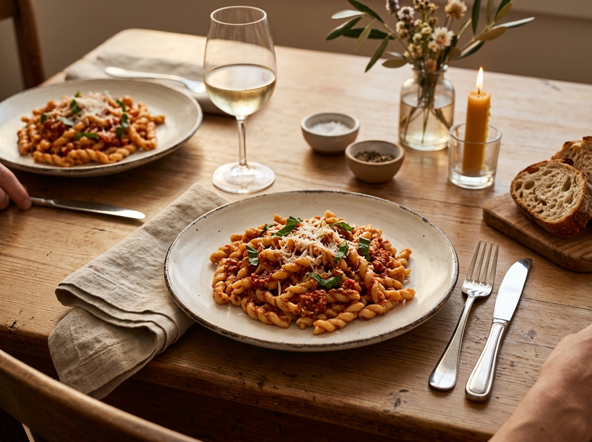 Plate of pasta with Pesto alla Trapanese served with white wine and crusty bread in warm evening light