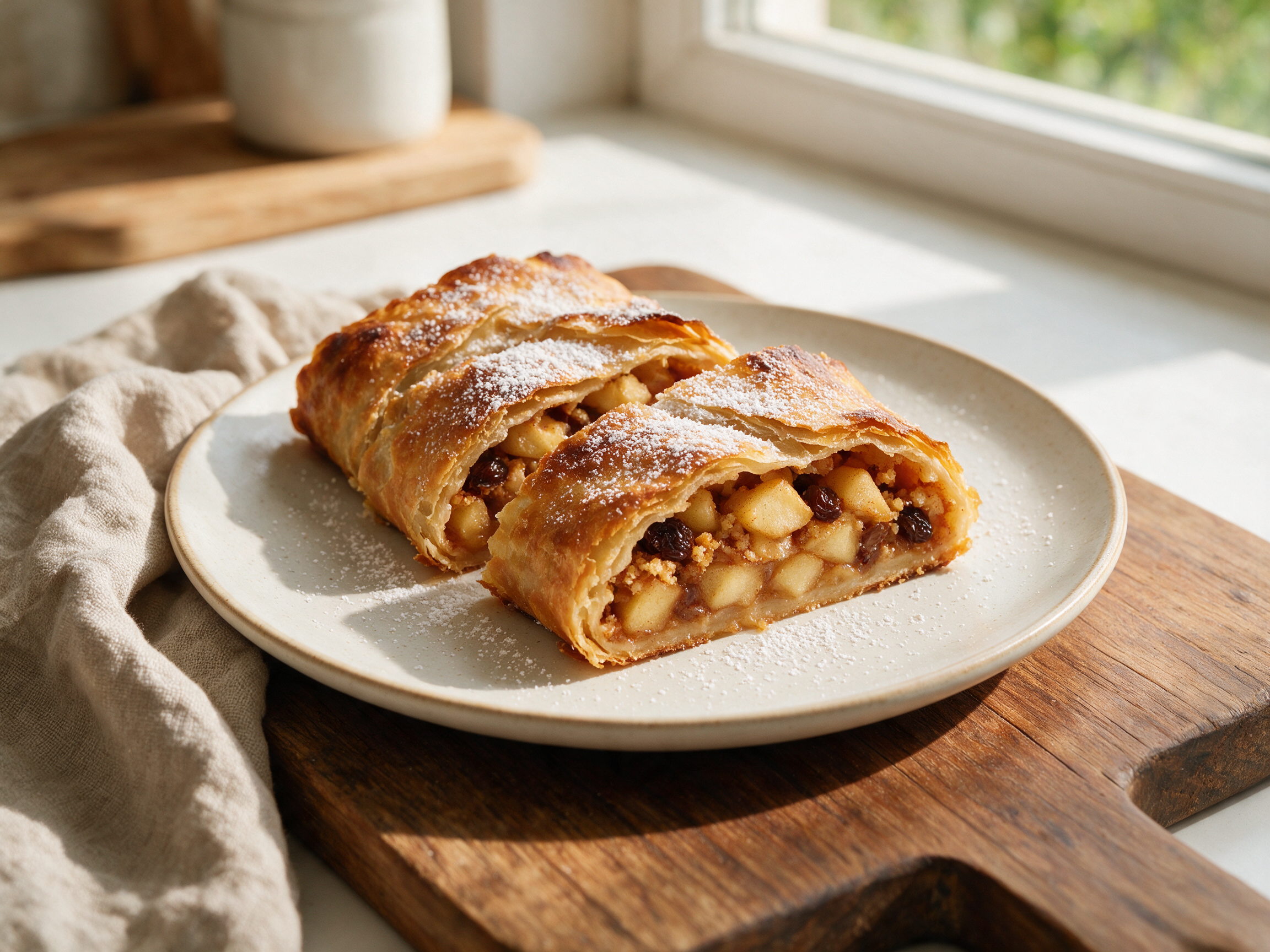 Sliced strudel di mele altoatesino on a wooden board, cinnamon apple filling visible, dusted with powdered sugar under window light.