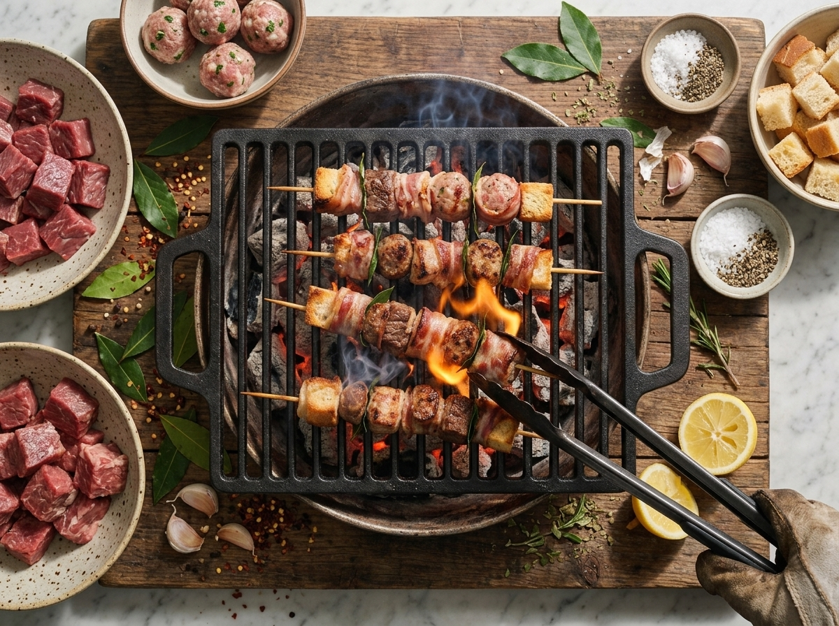 Skewers of pork, beef, and sausage sizzling over open charcoal flames, fat dripping as tongs turn one skewer