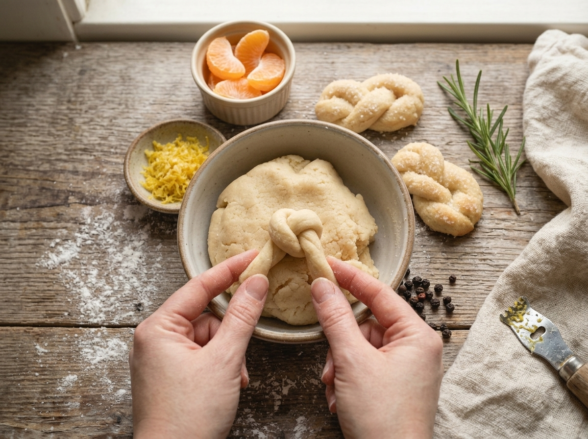 Hands twisting ropes of pale dough into small cookies on a floured wooden counter before baking.