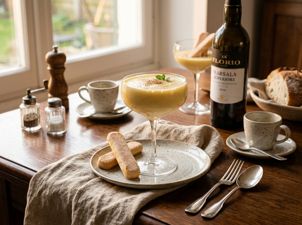 Two glasses of zabaione served with biscotti and coffee on a linen-covered table at golden hour