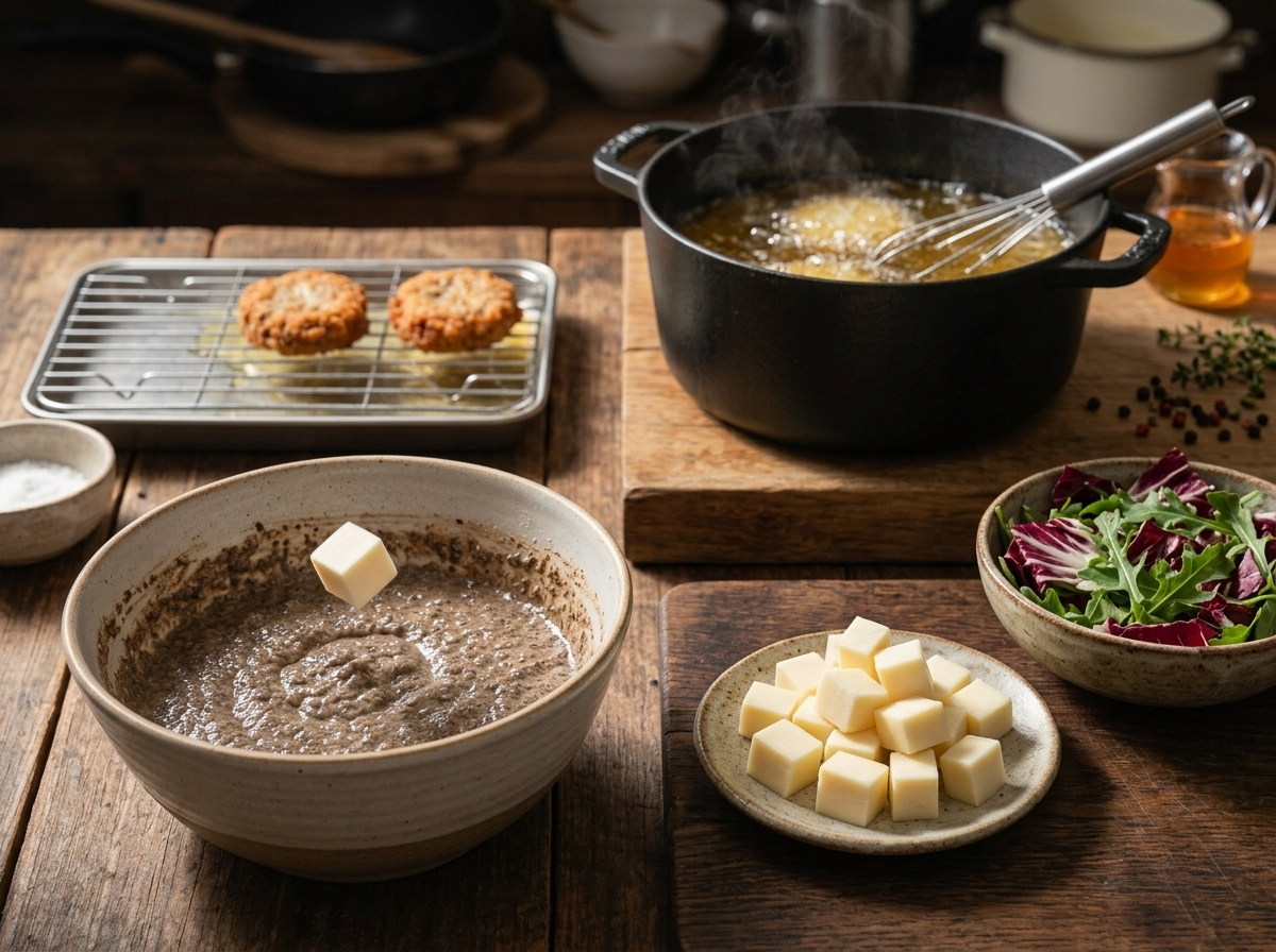 Cheese cubes dipped in dark buckwheat batter being lowered into bubbling oil in a black pot on the stove.