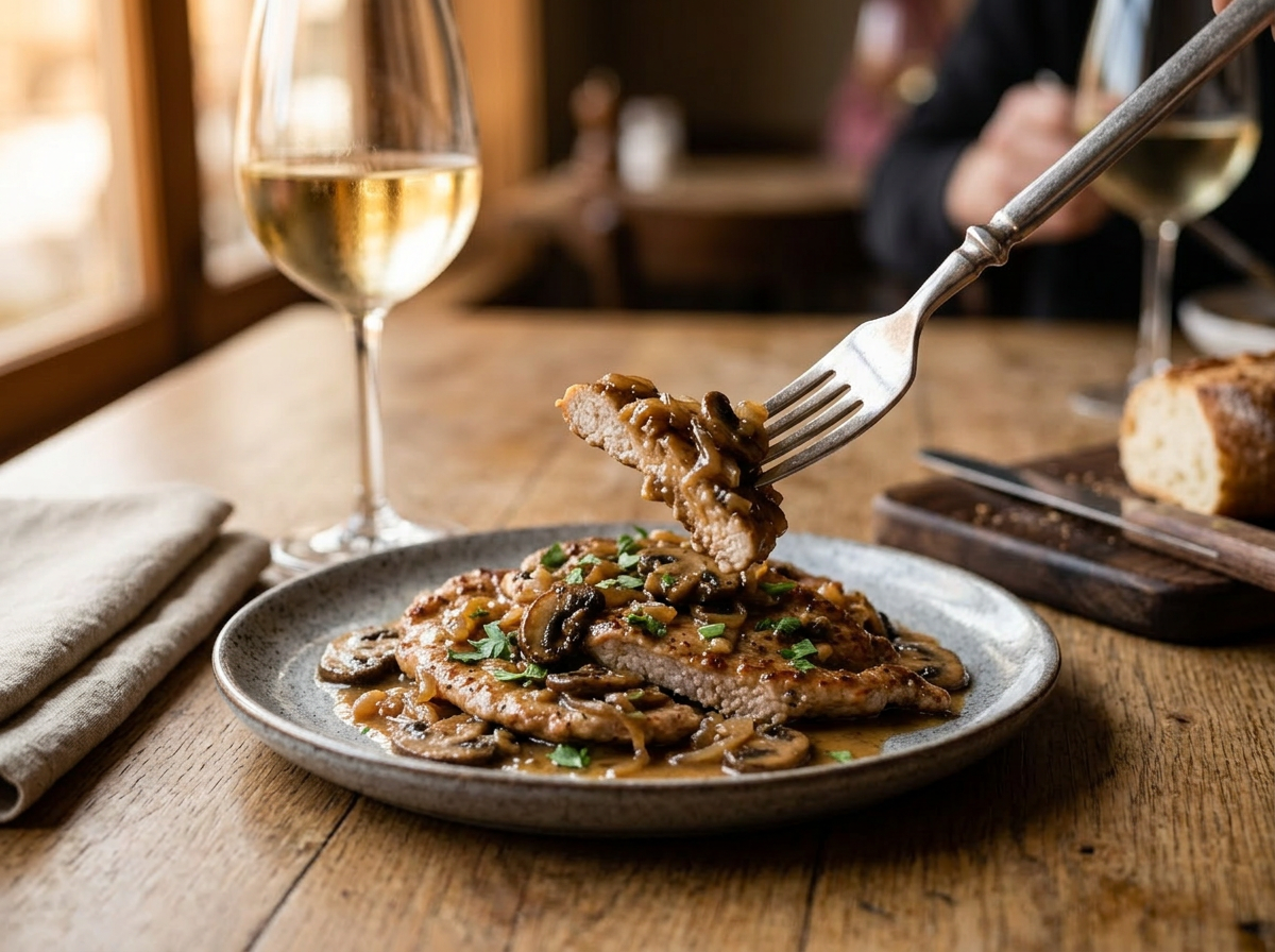 Plated scaloppine ai funghi with a glass of white wine and crusty bread on a linen-set wooden table