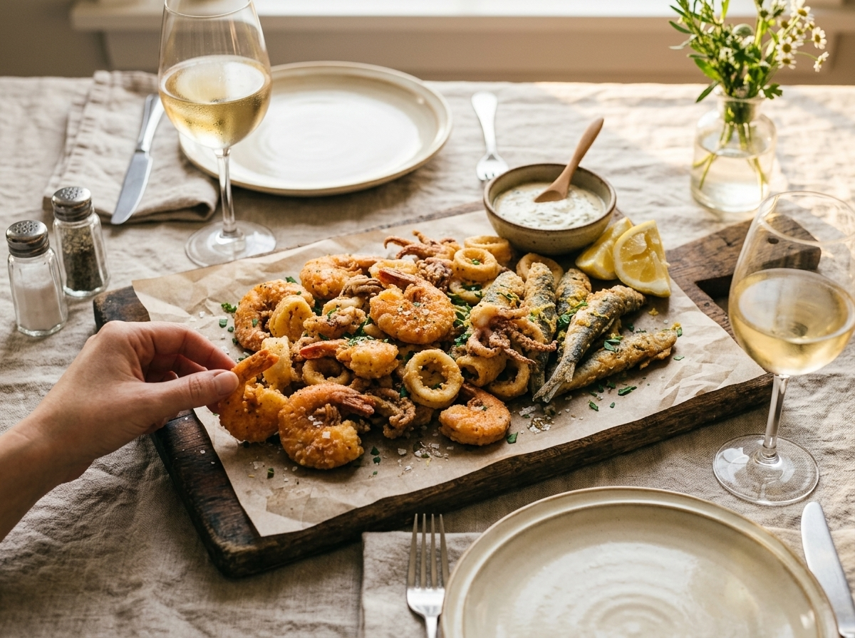 Platter of fritto misto di mare served with lemon wedges and a glass of chilled white wine on a linen-topped table