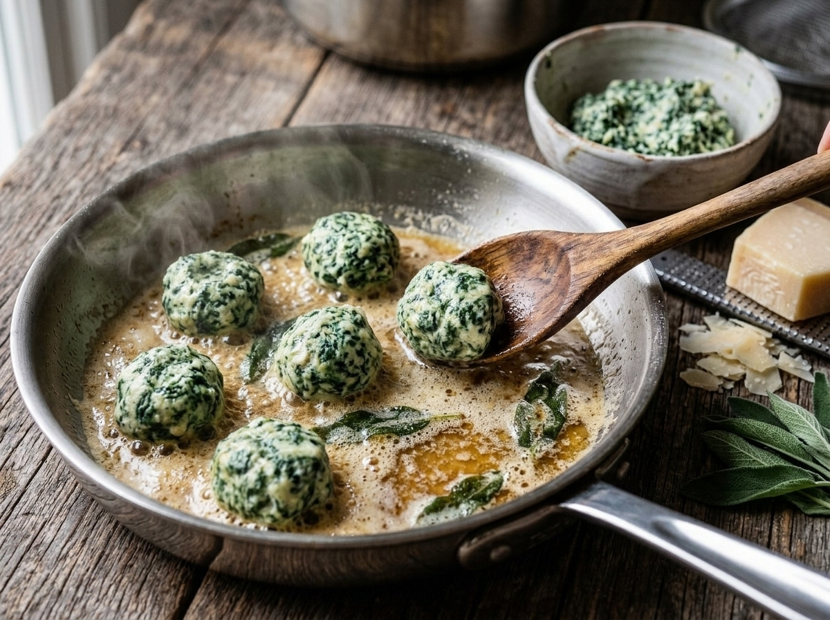 Butter and fresh sage leaves browning in a skillet for finishing ricotta spinach malfatti dumplings