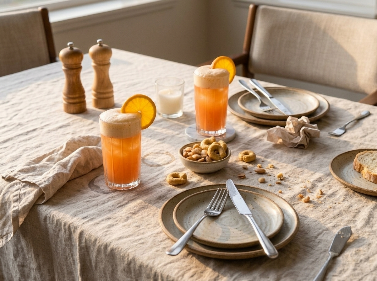 Two Garibaldi cocktails on a linen table with almonds and taralli, set for an outdoor aperitivo
