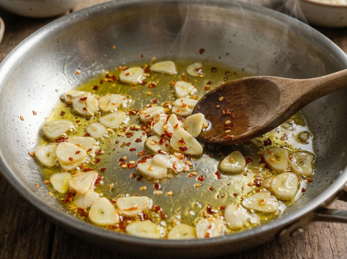Skillet close-up showing thin garlic slices sizzling in olive oil with chili flakes, oil turning pale gold