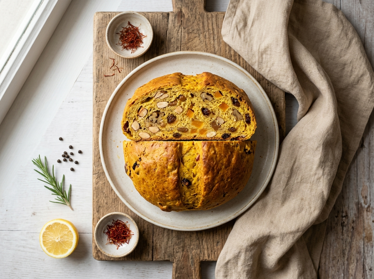 Whole pangiallo romano loaf sliced open, showing almonds, walnuts and candied peel under a golden saffron crust