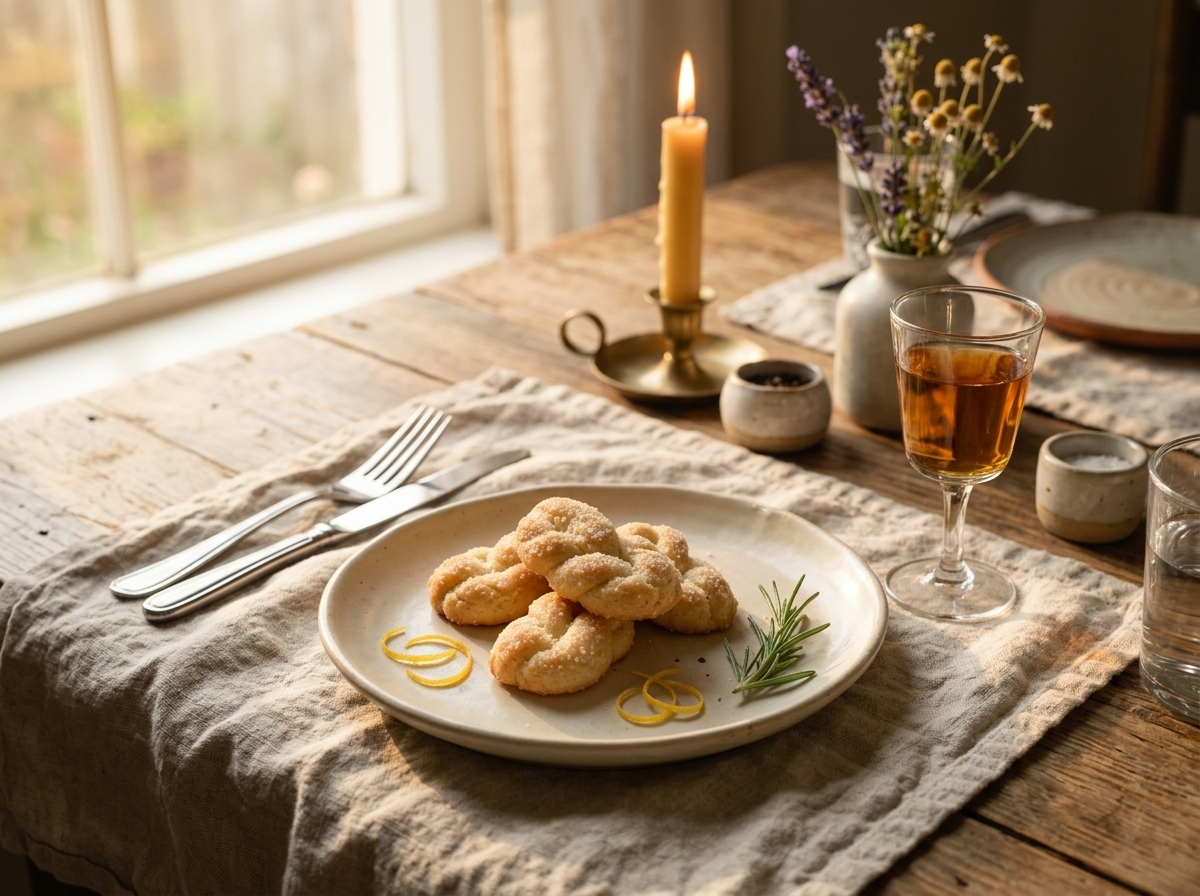A linen napkin, small glass of vin santo and a handful of wine cookies set on a farmhouse table.