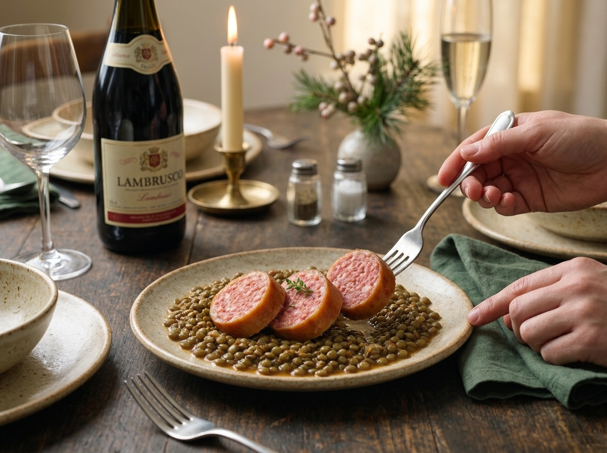 A hand reaching for a plate of sliced zampone and lentils at a candlelit New Year's Eve table with wine