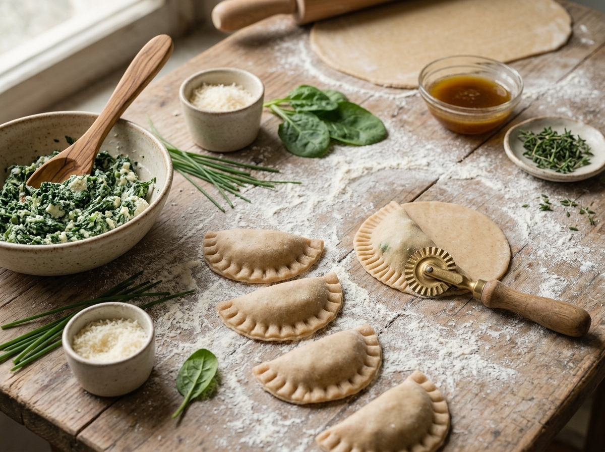 Hands folding a spinach-ricotta filled dough round into a half-moon shape on a floured wooden board.