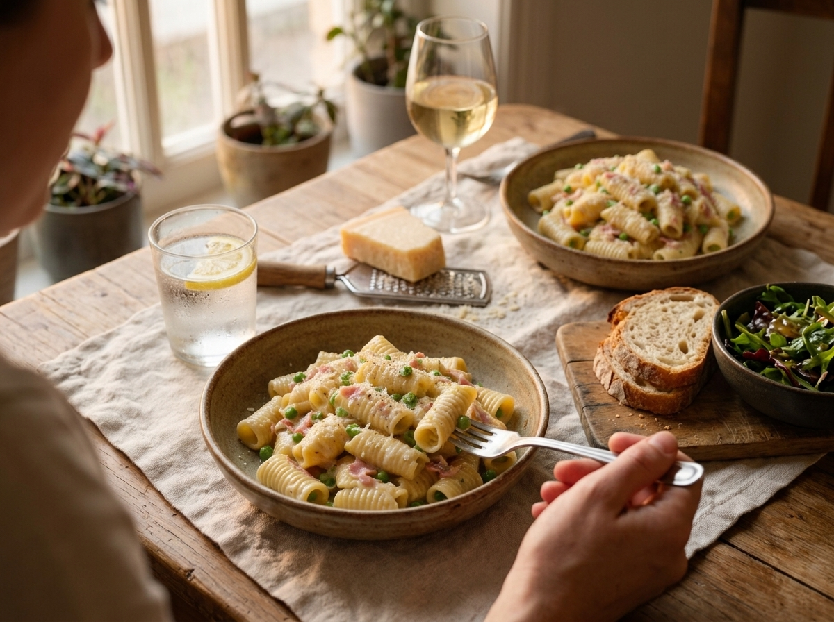 Two bowls of garganelli al prosciutto on a wooden table with a glass of white wine and a wedge of Parmigiano nearby.