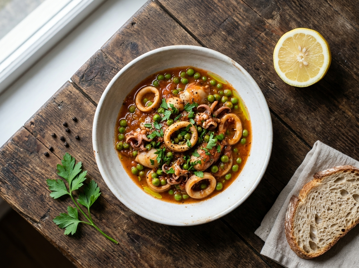 Overhead view of seppie coi piselli, cuttlefish braised with peas in tomato sauce, garnished with parsley in a wide pan