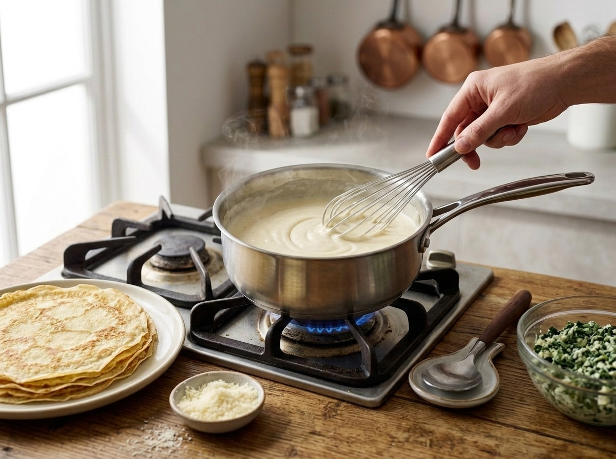 Whisking nutmeg béchamel sauce in a saucepan on the stovetop with stacked spinach ricotta crepes cooling nearby