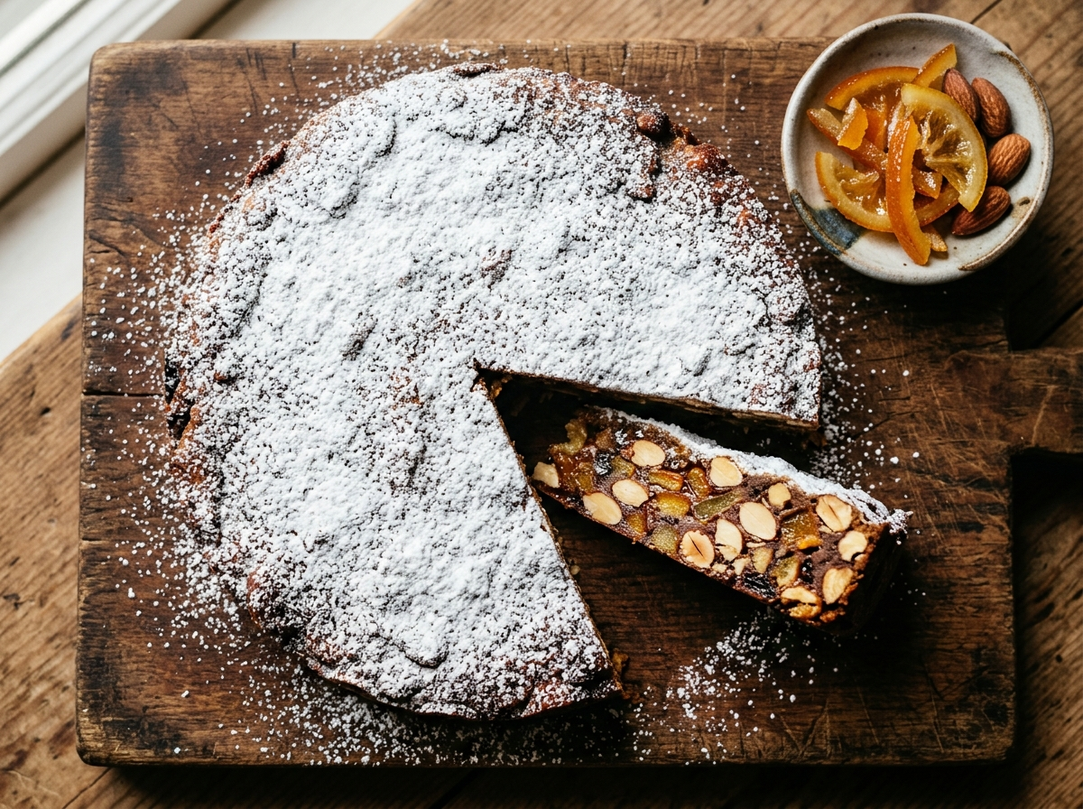 Whole panforte di Siena dusted with powdered sugar, sliced to show almonds and candied orange peel inside