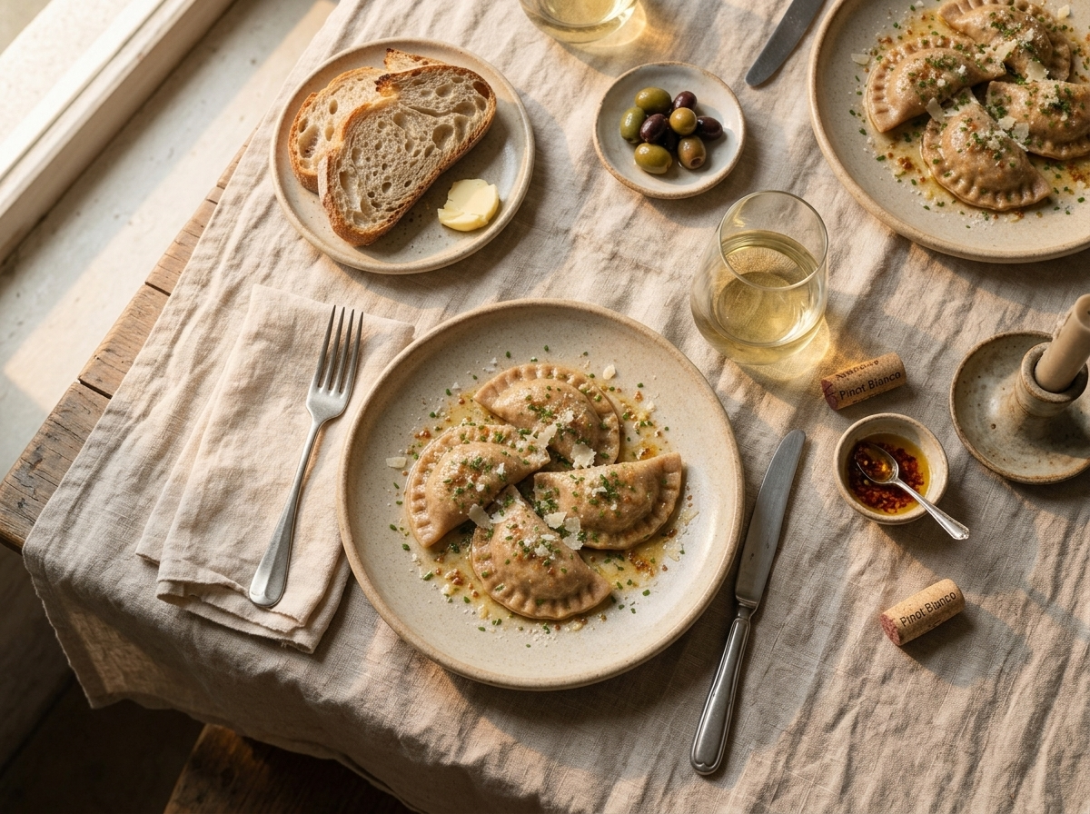 Two rustic bowls of schlutzkrapfen on a linen-covered table with a glass of white wine and grated cheese nearby.
