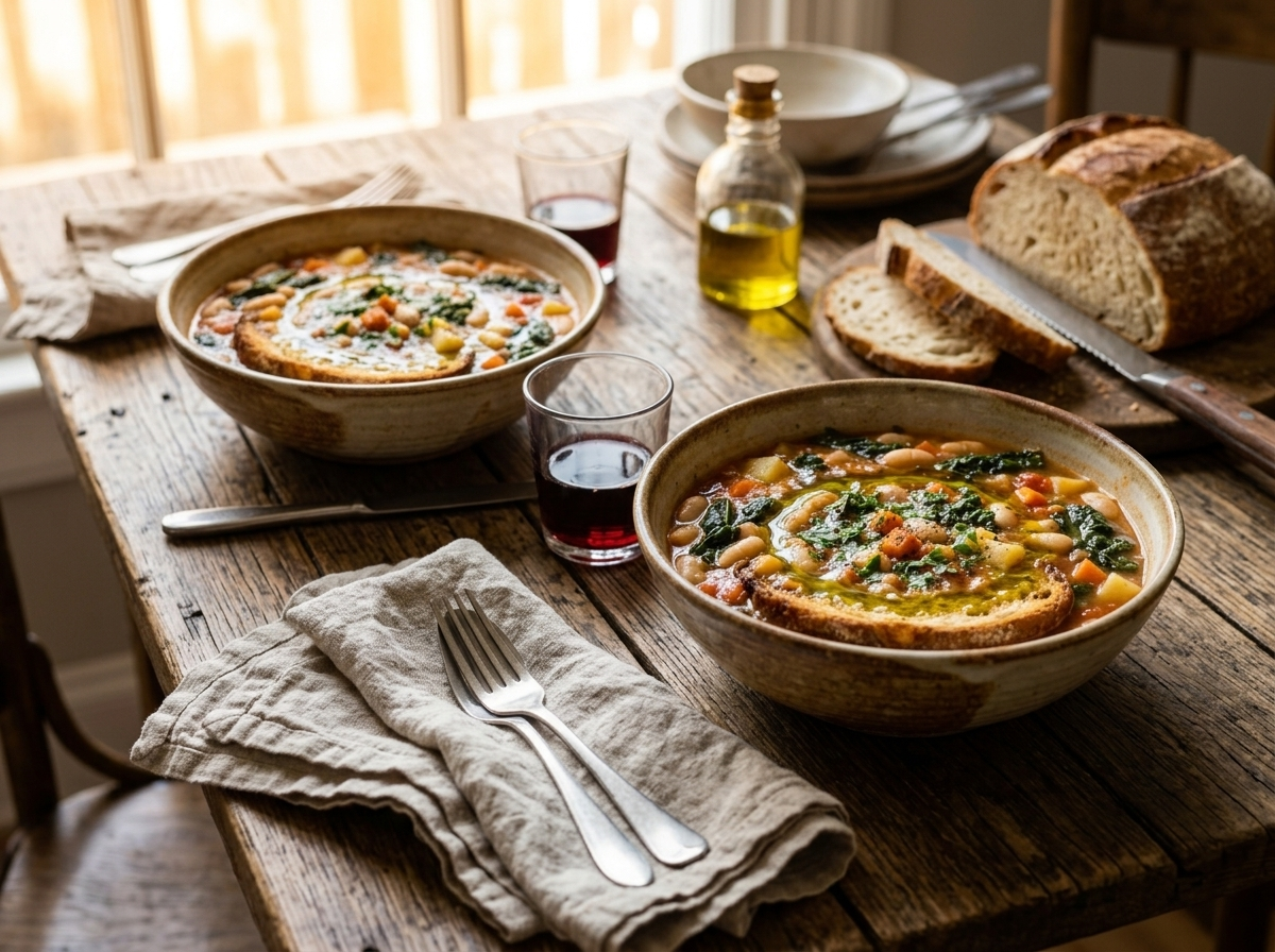 Two bowls of zuppa frantoiana toscana served on a rustic table with country bread and a glass of red wine