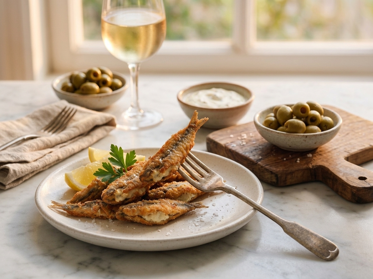 Hand reaching for a fried anchovy on a wooden board beside a glass of white wine and linen napkin at dusk
