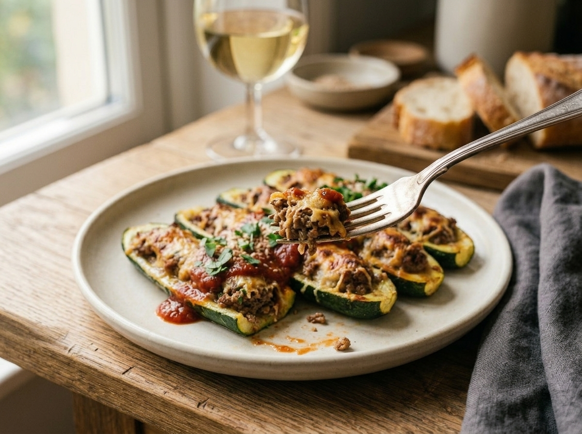 Plate of zucchine ripiene served with crusty bread and a glass of white wine on a linen-covered table