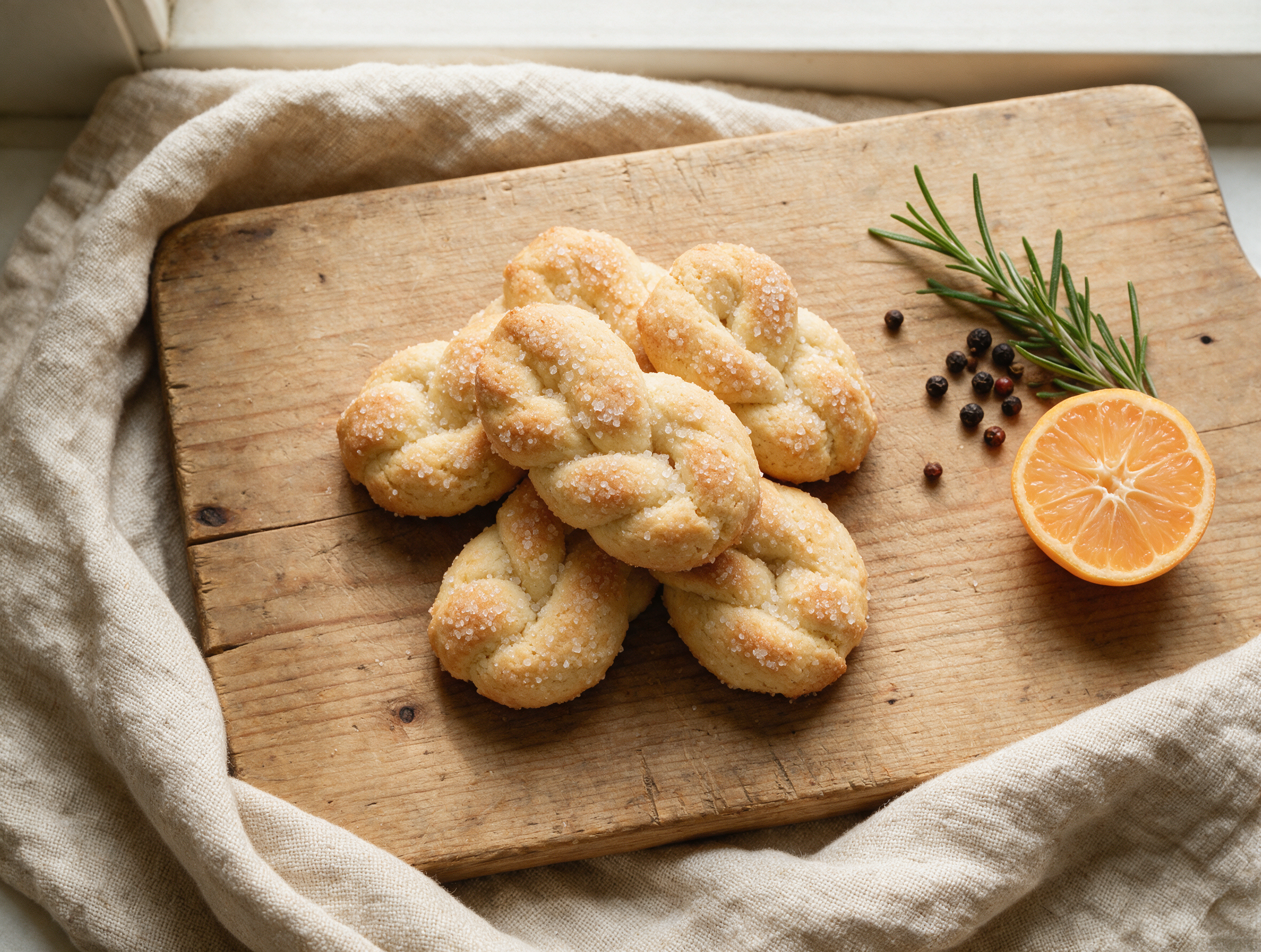 Twisted olive oil wine cookies dusted with coarse sugar piled on a rustic wooden board under warm light.