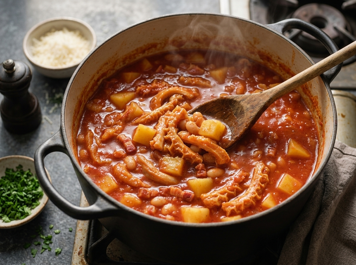 Tripe strips and pancetta simmering with tomato and potato cubes in a Dutch oven, wooden spoon stirring the thick sauce