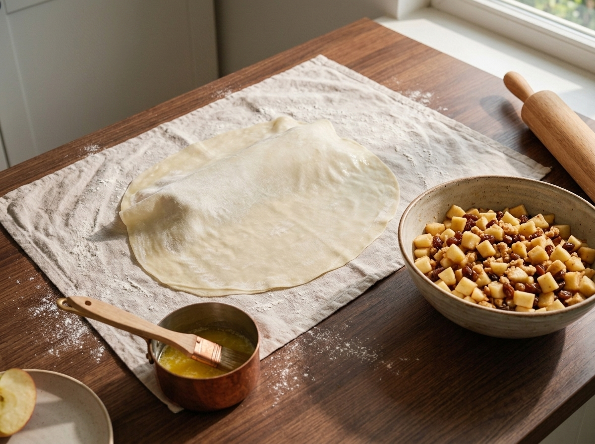 Hands stretching translucent strudel dough over a floured linen towel, apple slices and raisins piled to one side.